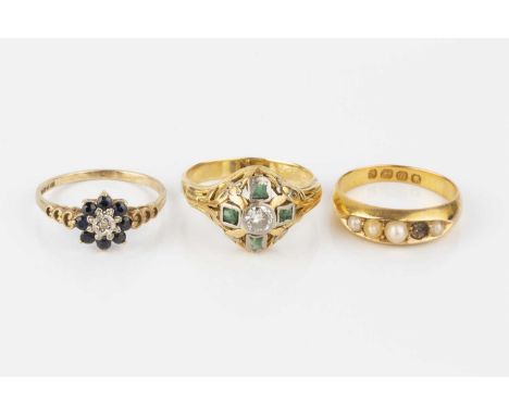 Three gem set dress rings, comprising a diamond and green stone panel ring, the old brilliant-cut diamond bordered by rectang