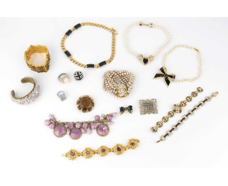 A collection of costume jewellery, to include two pairs of ear clips by Nina Ricci, a bracelet by Swarovski, a necklace by Lo