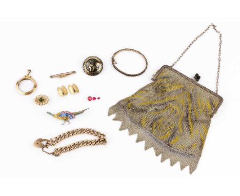 A collection of antique and later jewellery, comprising a pair of early 20th century 9ct gold cufflinks, the oval panels engr