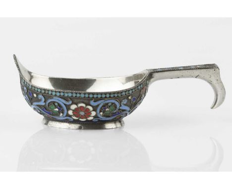 A Russian silver and enamel kovsh, with angular handle, decorated with stylised flower heads and scrolling foliage, maker's m
