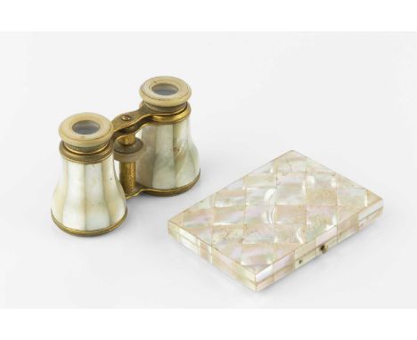 A 19th century mother of pearl card case, engraved with a spray of flowers and with fitted interior, 10.6cm, and a pair of gi
