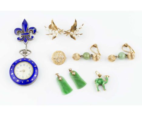 A small collection of jewellery, comprising a pair of jade and diamond pendant drops, (jade untested for treatments), a pair 