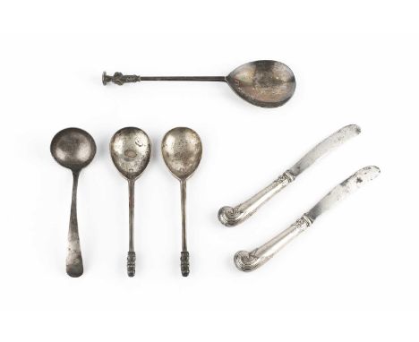 A pair of silver spoons, with lion terminals, by C.J. Vander Ltd, London 1970, a similar larger spoon, a silver sauce ladle, 