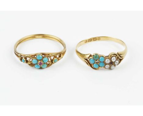 Two Victorian turquoise set dress rings, the first with turquoise and half pearl flowerhead clusters, 18ct gold mounted, hall