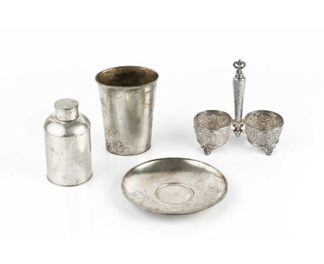 A Polish silver beaker, of tapered oval section, maker's mark SS, 10.5cm high, a Polish silver cylindrical small tea caddy an