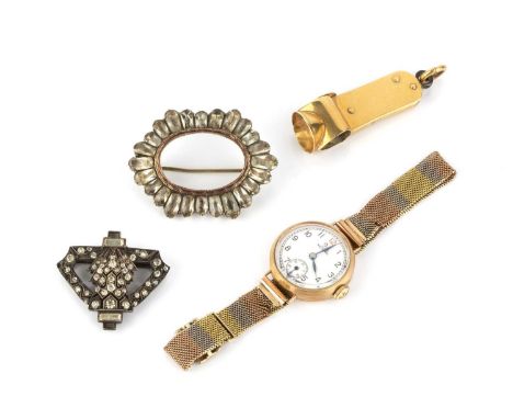 A collection of jewellery, comprising an antique white paste panel, of shaped oval form, with engraved border, later brooch f