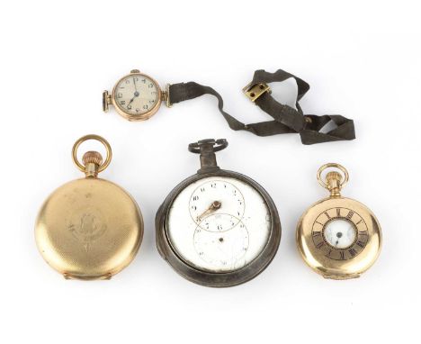 A collection of watches, comprising a half hunter fob watch, the white dial with black Roman numerals and subsidiary seconds 