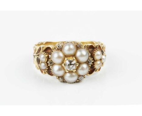 A 19th century half pearl and diamond panel ring, designed as a flowerhead cluster of half pearls, enclosing a cushion-shaped