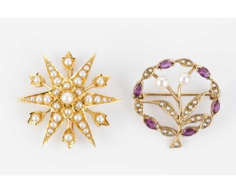 A half pearl star brooch/pendant, yellow precious metal mounted, and a cultured pearl, half pearl and gem set panel brooch, d