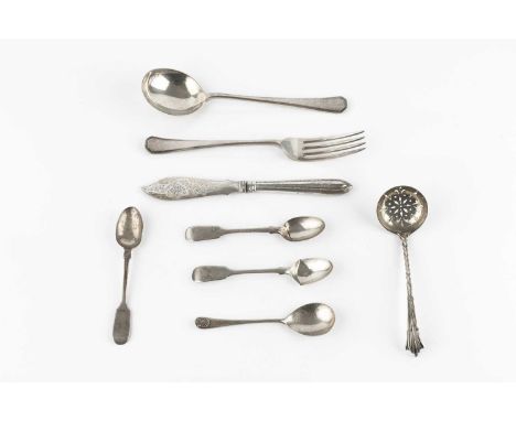 A small collection of silver flatware, comprising a sifter spoon by James William Benson, London 1890, a table fork and soup 