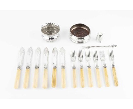 A set of six Edwardian silver fish knives and forks, with engraved decoration, and fluted ivory handles, by William Hutton &a