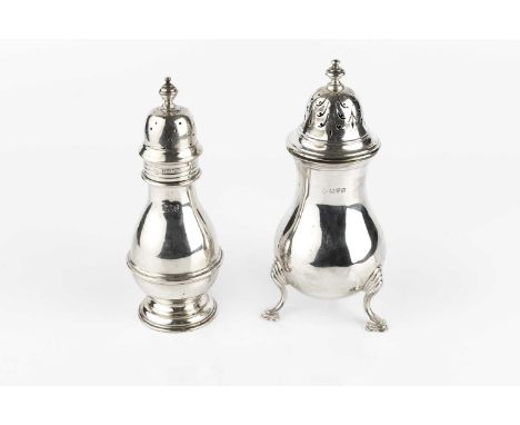 A silver baluster sugar castor, on shaped legs with stepped pad feet, by Haseler Bros., Chester 1910, 17cm high, and another,