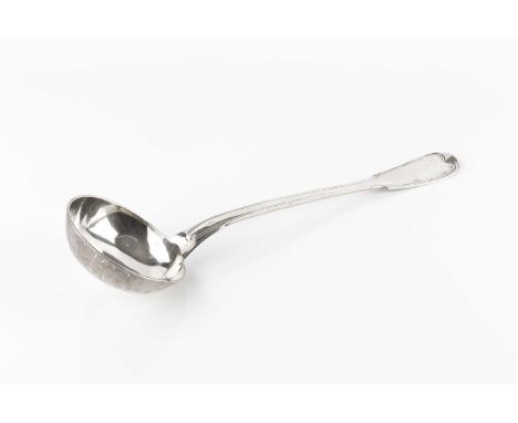 A French silver fiddle and thread pattern soup ladle, 34.5cm long, 8oz.