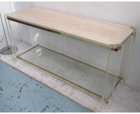 CONSOLE TABLE, with a travetine top and a glass shelf below on rectangular perspex supports, 152cm x 72cm H x 52cm. (with fau