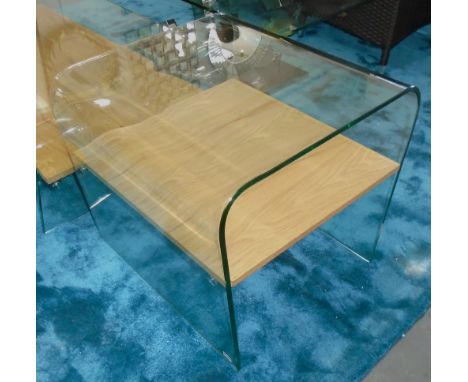 GLASS SIDE TABLE, with wooden shelf, contemporary style, 55cm x 50cm x 50cm H.