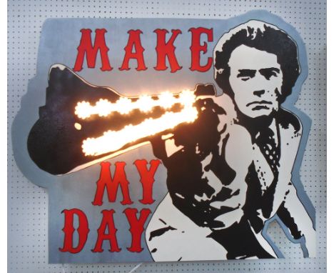 SIGNAGE, 'Make my Day' by Bee Rich, hand painted Dirty Harry with the quote in a cadmium red typography and light on his magn
