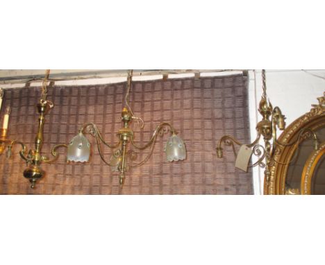 LIGHTING, including a pair of brass three arm chandeliers, another smaller similar, a rise and fall ceiling light and five mi