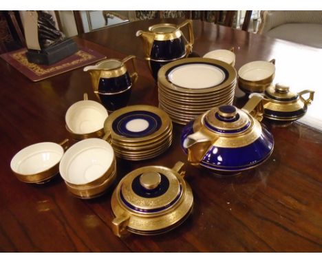 COFFEE/TEA PART SERVICE, Czechoslovakian gilt and cobalt blue banded decoration. (34 pieces)