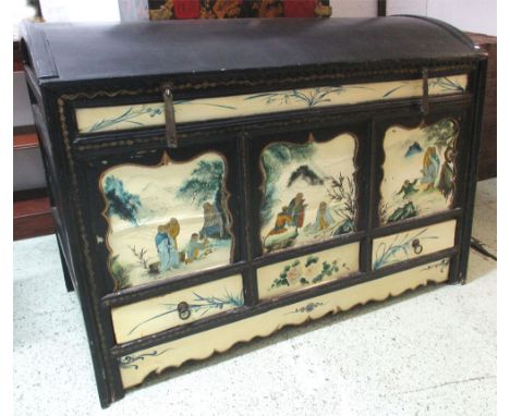 DOMED TRUNK, Chinese style decorative panels and drawers below, 158cm x 63cm x 107cm H.