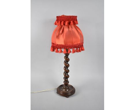 An Edwardian Oak Barley Twist Table Lamp on Circular Base Complete with Shade, Overall Height 55cms 