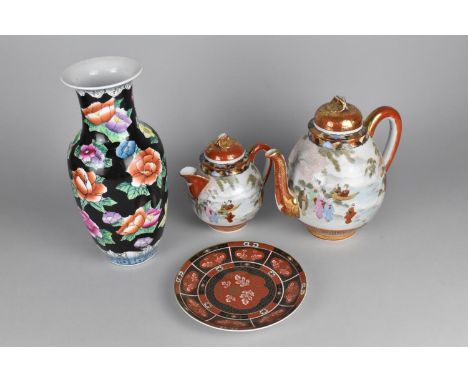 A Collection of Oriental Items to Comprise Japanese Kutani Teapot and Smaller Example, Black Ground 'Hundred Flowers' Vase an