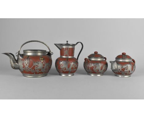 A Chinese Four Piece Yixing Pewter Mounted Tea Service to Comprise Hot Water Pot, Teapot, Smaller Teapot and a Lidded Sugar, 