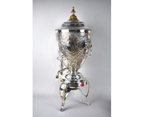 A Continental Silver Plated Vase Shaped Spirit Samovar with Repoussé Foliate Decoration to Body and Lion Mask and Ring Handle