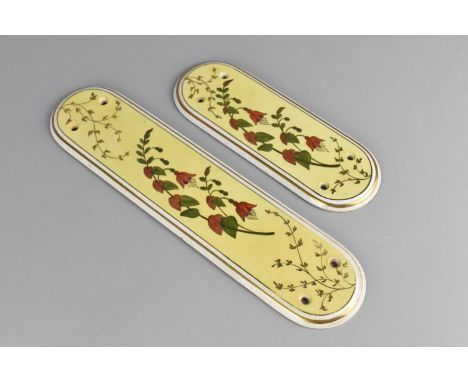 Two Edwardian Ceramic Door Finger Plates Decorated with Flowers on Yellow Ground, Lozenge Marks to Reveres, 30cm and  19.5cm 