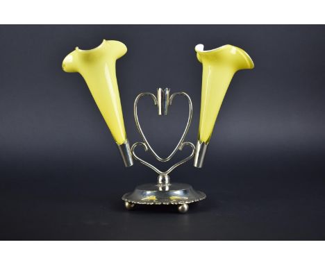 An Edwardian Silver Plate and Yellow Opaque Glass Three Trumpet Epergne Stand (Although one Trumpet is Lost), 19cms High 