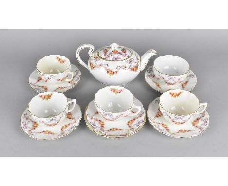 An Early/Mid 20th Century Aynsley Floral Swag and Bow Decorated Tea Set to Comprise Teapot, Four Cups, Six Saucers and a Milk