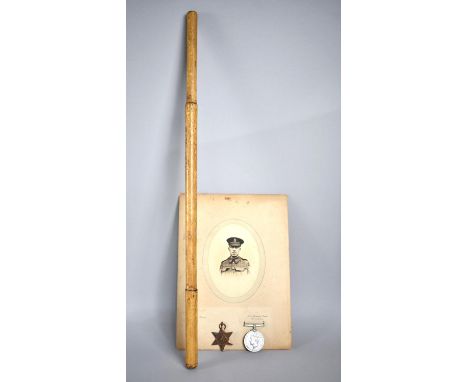A WWI Photograph of Soldier, a Bamboo Swagger Stick and Two WWII Medals, All Unrelated 