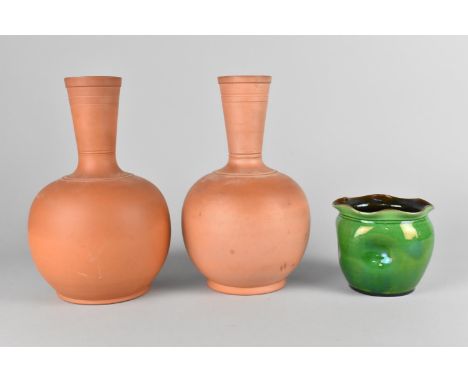 A Pair of Watcombe Pottery Terracotta Bottle Vases, 23cm high Together with Watcombe Pottery Glazed Pot, 9.5cm high 