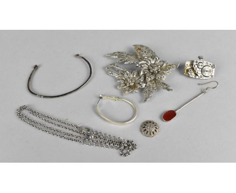 A Collection of Various Costume Jewellery to include Silver Bangle, Marcasite Mounted Brooch, Watch Movement Converted to Bro