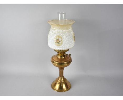 A 20th Century Brass Oil Lamp with Opaque Glass Shade with Floral Decoration and Plain Chimney, 54cms High 