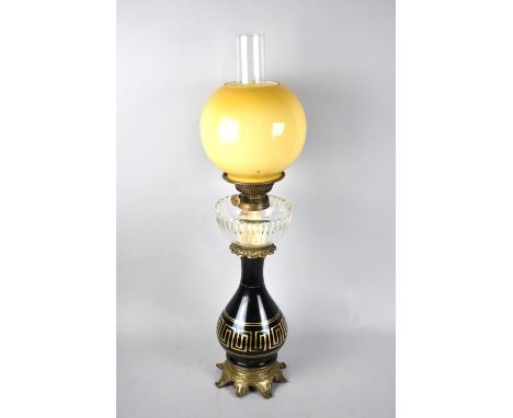 A Late Victorian/Edwardian Oil Lamp with Gilt Decorated Vase Shaped Body on Ormolu Stand, Plain Glass Reservoir, Opaque Glass