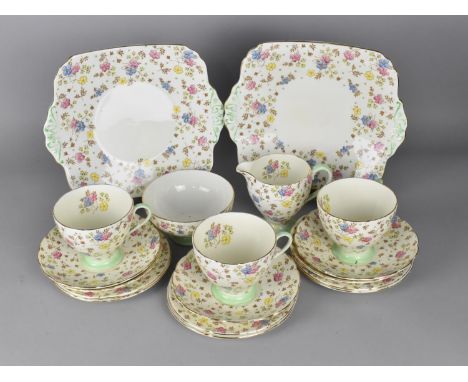 A Part Foley China  Floral Decorated Tea Set to Comprise Three Cups, Five Saucers, Six Side Plates and Two Cake Plates 