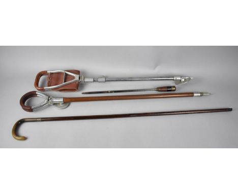 Two Vintage Shooting Sticks, a Horn Handled Silver Banded Walking Stick and a Brass Handled Poker 