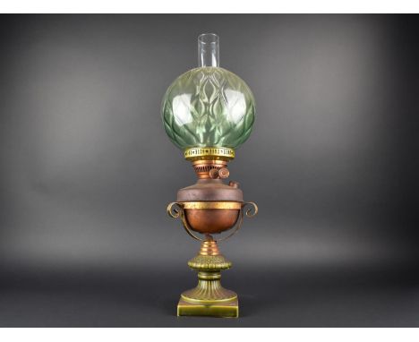 A Late Victorian/Edwardian Oil Lamp in  Ceramic and Metal Holder, Green Glass Globe Shade and Plain Chimney, Overall Height 5