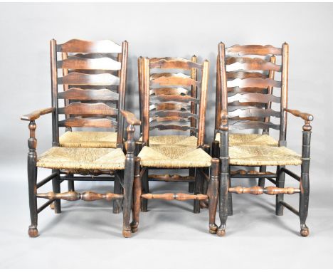 A Set of Six Harlequin Rush Seated Ladder Back Dining Chairs, Some with Condition issues and Carvers Unrelated 