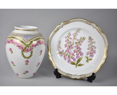 A Porcelain Rose Pattern Sevres Vase, 19cms High together with a Spode Wild Flowers Plate No II, Foxglove, Hand Painted by A 