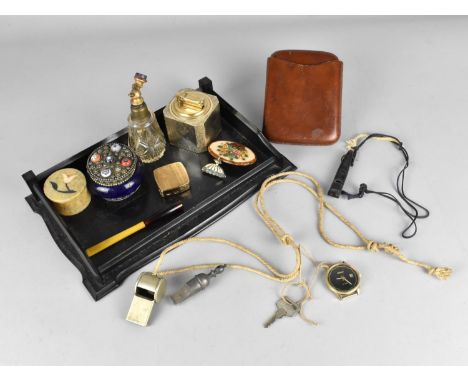 A Collection of Various Vintage Items to Comprise Leather Cigar Case, Whistles, Wristwatch, Cheroot Holder, Silver Mounted Po