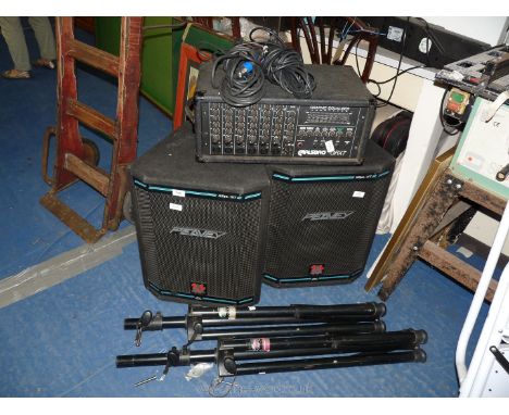 PA Kit - a pair of Peavey HiSys 1XT loud speakers, tripod stands and a Carlsbro GRX7 mixer amplifier.