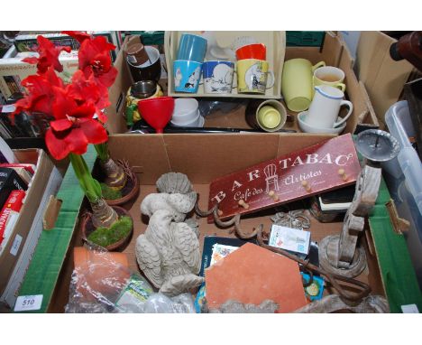 Two boxes of miscellanea, cement doves, candlestick, tray etc