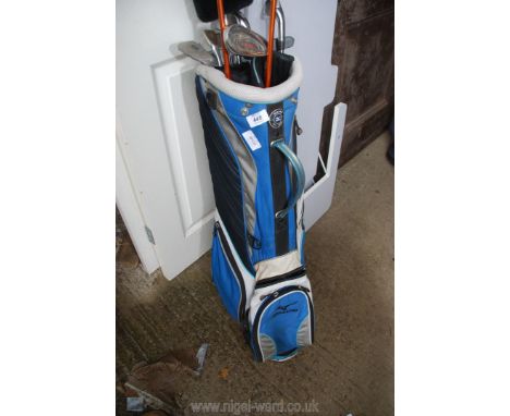 A Mizuno golf caddy and ten mixed clubs.