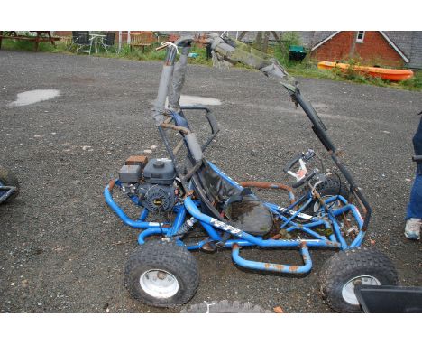A 6.5 HP petrol engined blue coloured Go Kart, engine will not turn with recoil cord, sold as seen. 