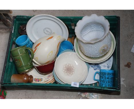 A tray of china, mugs, lamp shade etc.