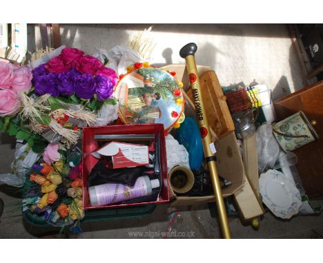3 Boxes of miscellanea including chopping board, lamp shade, glass, plastic flowers etc.