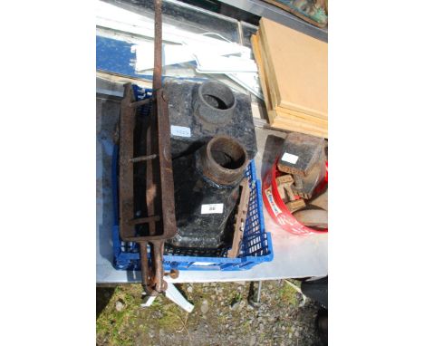 Two rain hoppers and metal drain covers plus a vintage gate fastener.