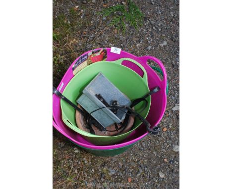 Two plastic weed bins, shelf holders, etc.