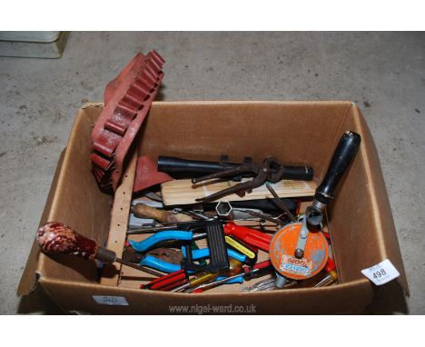 A Box of hand tools, Cartridge belt, gun sight etc.